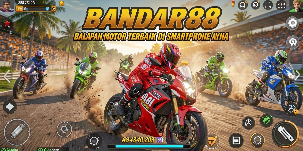 Tampilan gameplay menegangkan dalam BANDAR88 dengan balapan motor cepat.