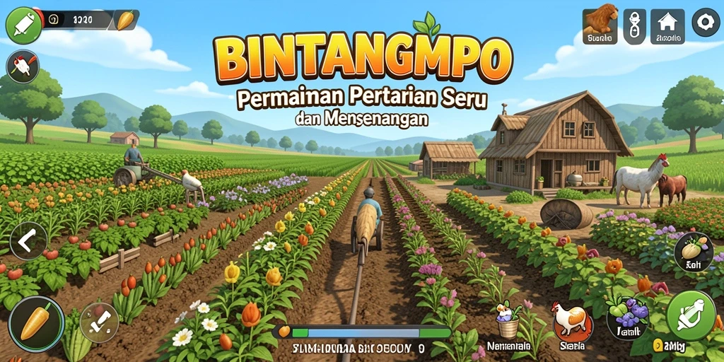 Screenshot gameplay yang menampilkan peternakan yang aktif dan subur.