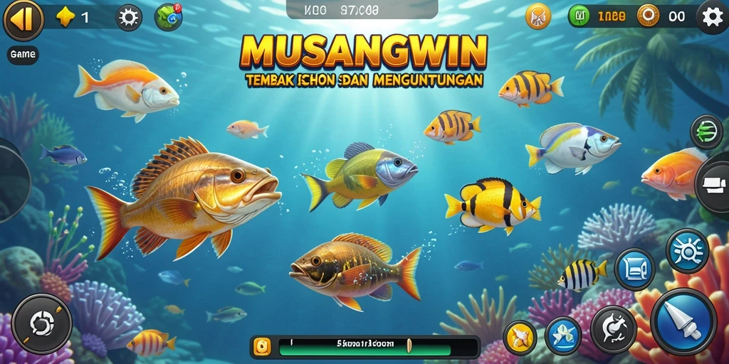 Tampilan gameplay seru di MUSANGWIN dengan aksi menembak ikan.
