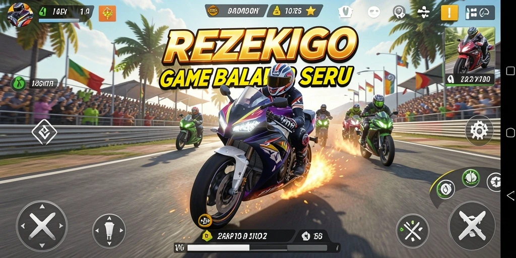 Tampilan gameplay seru dalam balapan motor di REZEKIGO.