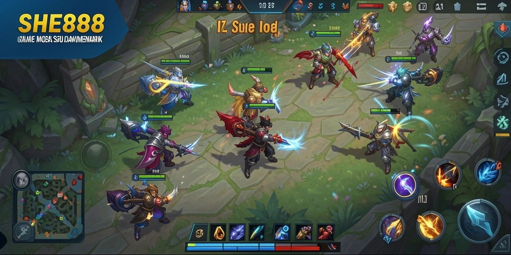 Tampilan seru gameplay SHE888 dengan aksi MOBA yang mendebarkan.