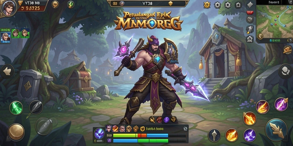 Screenshot gameplay VT38 yang menampilkan pertempuran seru dan dunia fantasi.